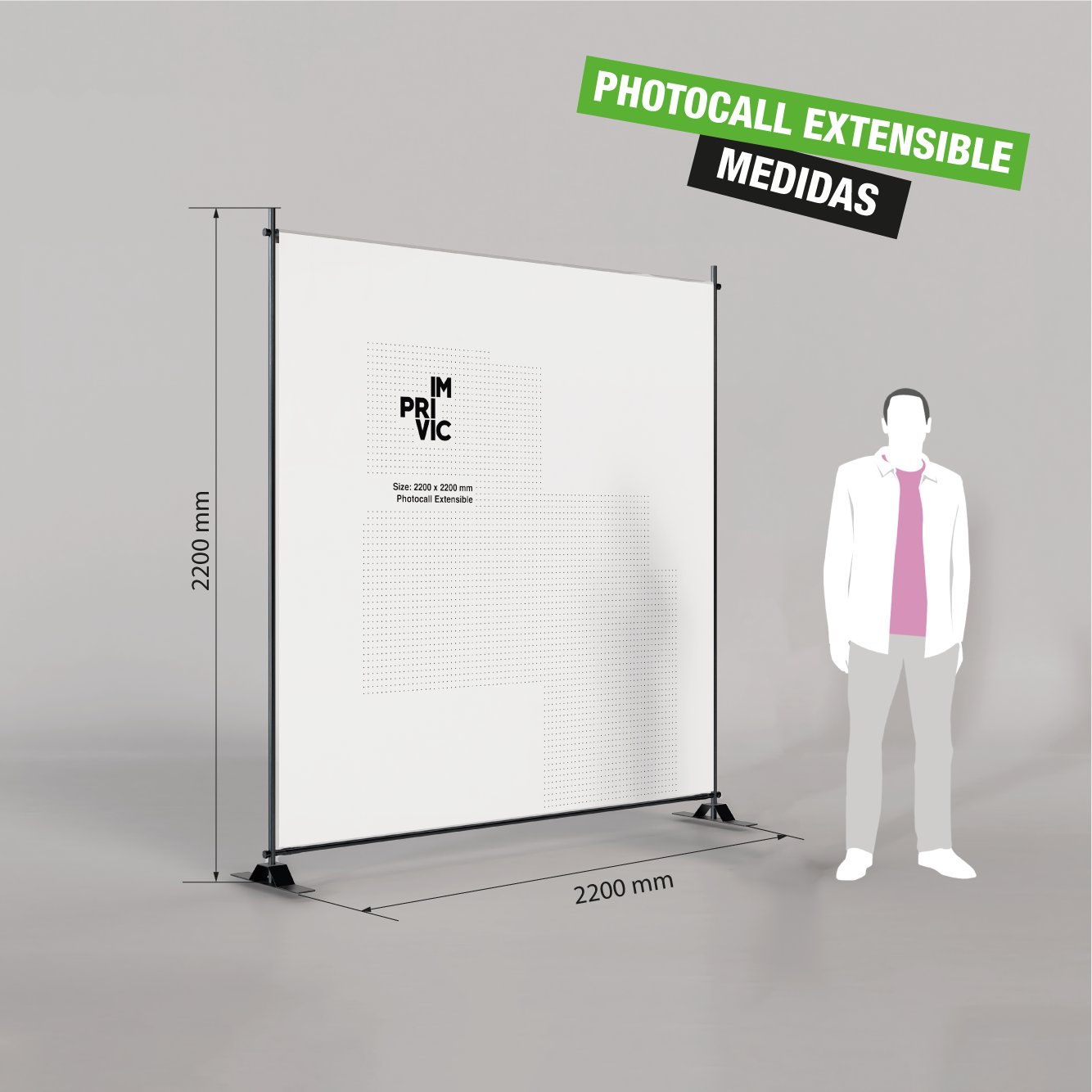 Photocall extensible de 220 x 220 cm para eventos y ferias con estructura ajustable.